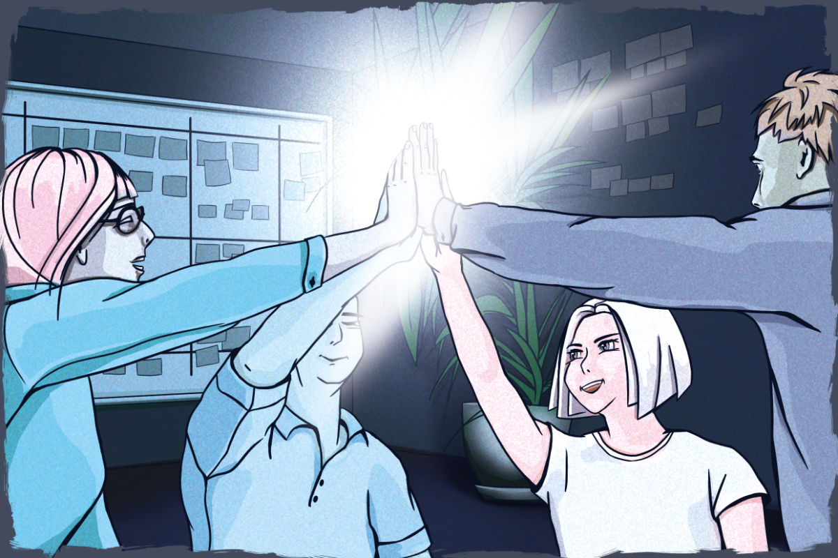 Manga-style drawing: Four people, giving each other a high-five, in a meeting room. In the background, there is a whiteboard with some drawings and a plant.